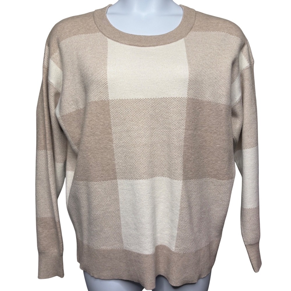 TAHARI Womens Beige Plaid Pullover Crew Neck Long Sleeve Sweater XL Oversized